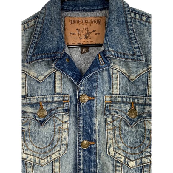 True Religion Jimmy Slim Fit Trucker Denim Jacket Bleached L  Mens  RV10314 - Picture 13 of 14